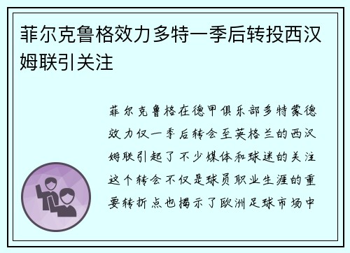 菲尔克鲁格效力多特一季后转投西汉姆联引关注
