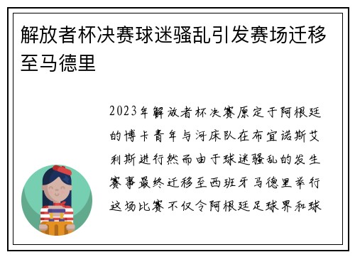 解放者杯决赛球迷骚乱引发赛场迁移至马德里